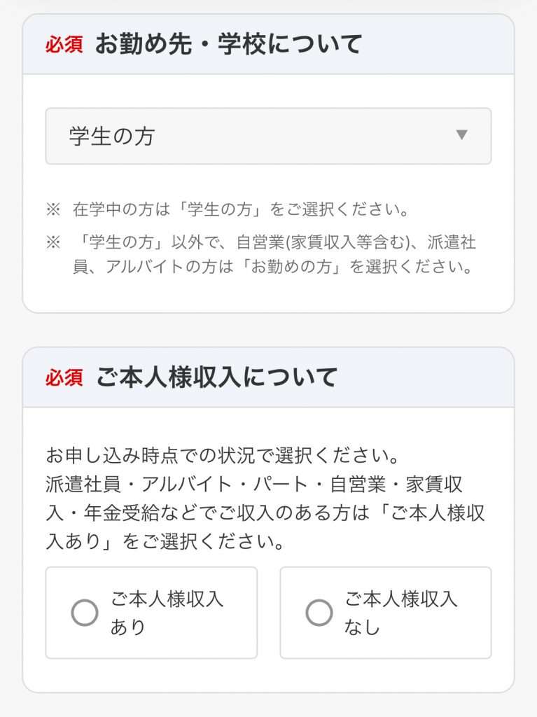 楽天カード申込みフォームの本人収入欄