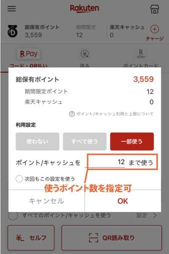 楽天ペイのポイント利用設定画面