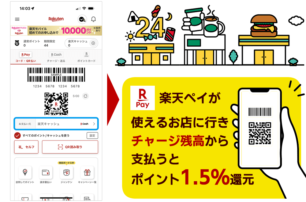 ③楽天ペイの使えるお店へ行きチャージ払いでスマホ決済する