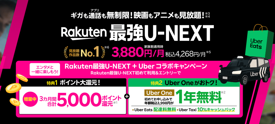 Rakuten最強U-NEXT初めて利用で3ヶ月間合計5,000ポイント還元&Uber One1年間無料