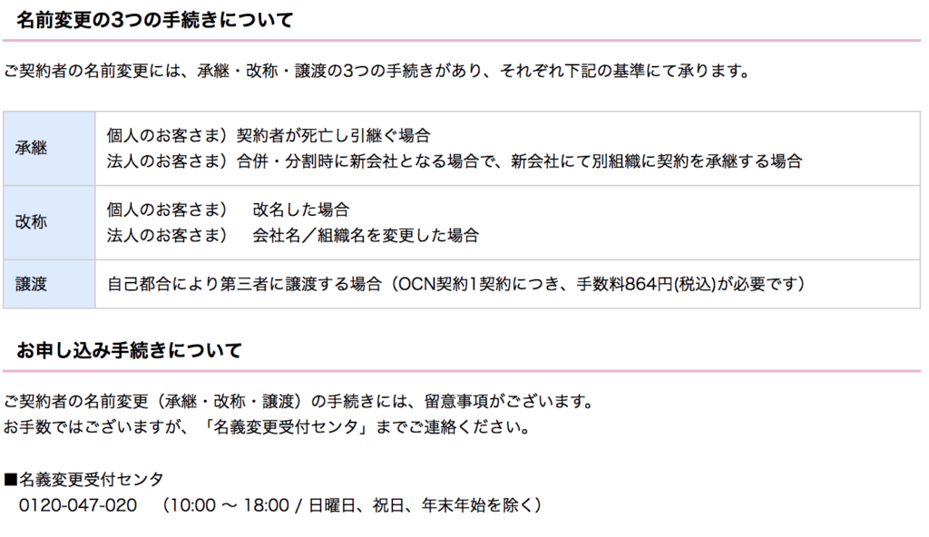 ocnモバイルone名義変更