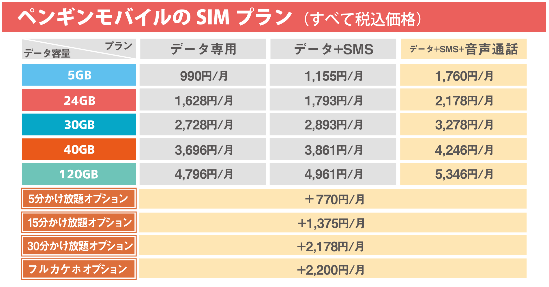 格安SIMの料金表